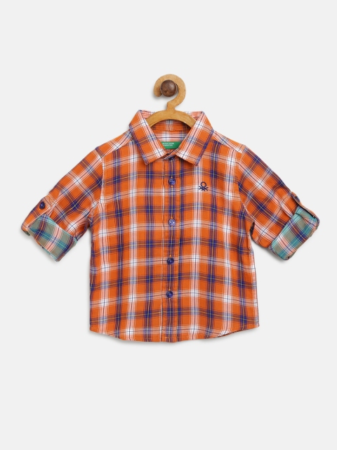 United Colors of Benetton Boys Orange & Navy Blue Checked Regular Fit Casual Shirt