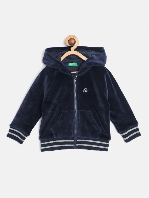 United Colors of Benetton Girls Navy Blue Solid Hooded Velour Sweatshirt