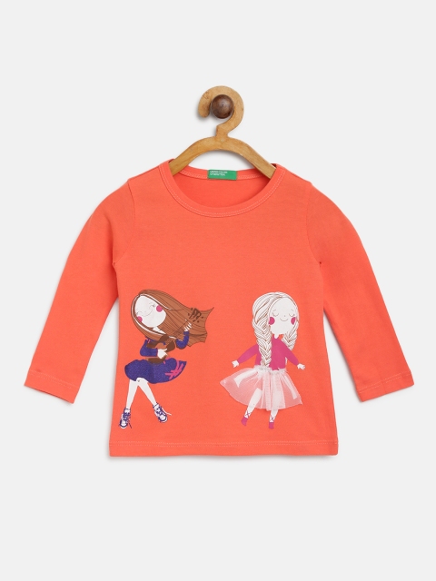 United Colors of Benetton Girls Orange & Navy Graphic Print Round Neck T-shirt