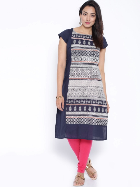Vishudh Off-White & Navy Printed Kurta