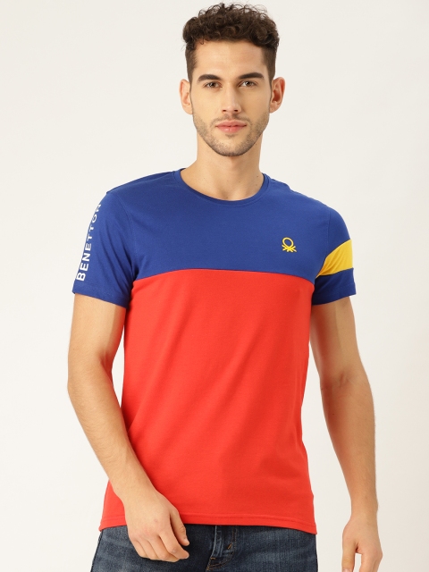 United Colors of Benetton Men Blue & Red Colourblocked Round Neck T-shirt