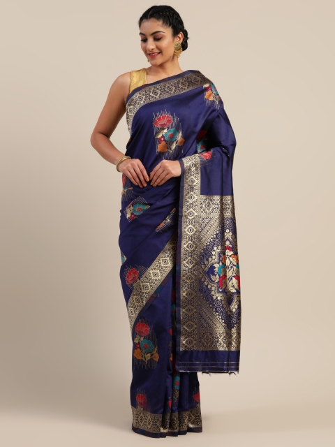 Mitera Blue & Gold-Toned Art Silk Woven Design Saree