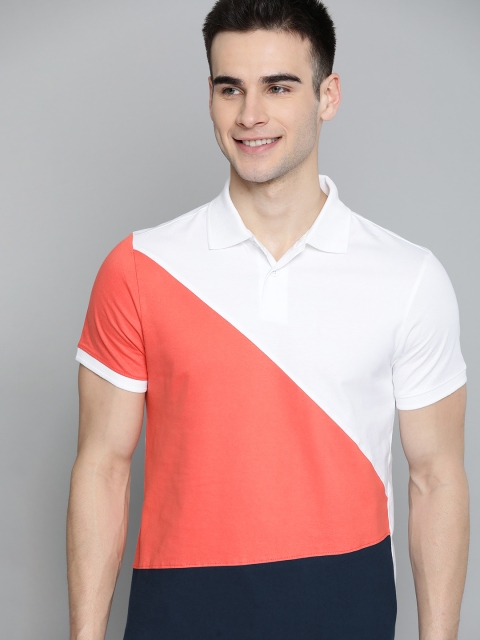 Mast & Harbour Men Pink & White Colourblocked Cotton Polo Collar T-shirt
