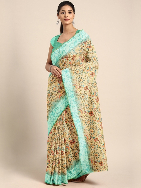KALINI Orange & Turquoise Blue Pure Linen Printed Saree