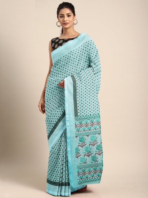 KALINI Blue Floral Printed Pure Cotton Saree