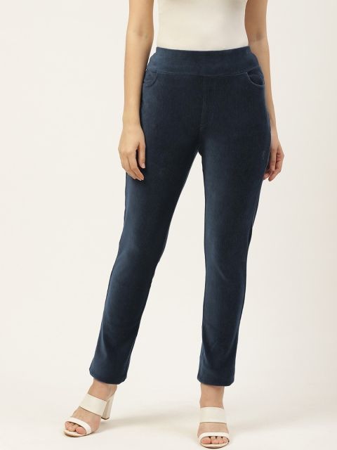 PIRKO Women Navy Blue Slim Fit Solid Velvet Corduroy Treggings