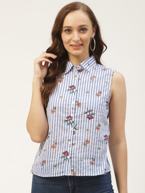 PIRKO Women Blue & White Regular Fit Floral Detail Striped Casual Shirt