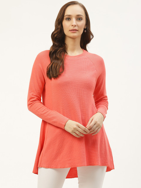 PIRKO Women Peach-Coloured Solid Longline High-Low Top 
PIRKO Women Peach-Coloured Solid Longline High-Low Top
