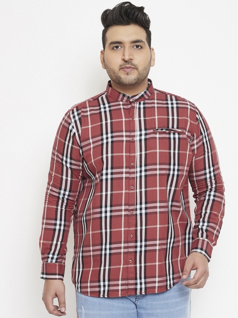 Instafab Plus Size Men Rust Red & White Checked Casual Shirt
