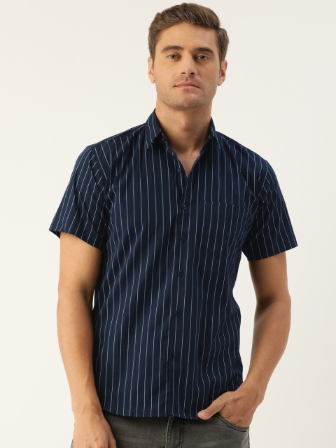 Hancock Men Navy Blue & White Slim Fit Striped Casual Shirt