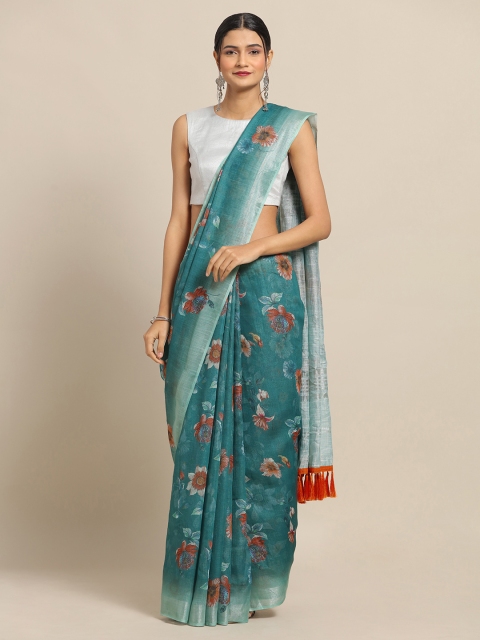 VASTRANAND Teal Green Floral Printed Linen Blend Saree