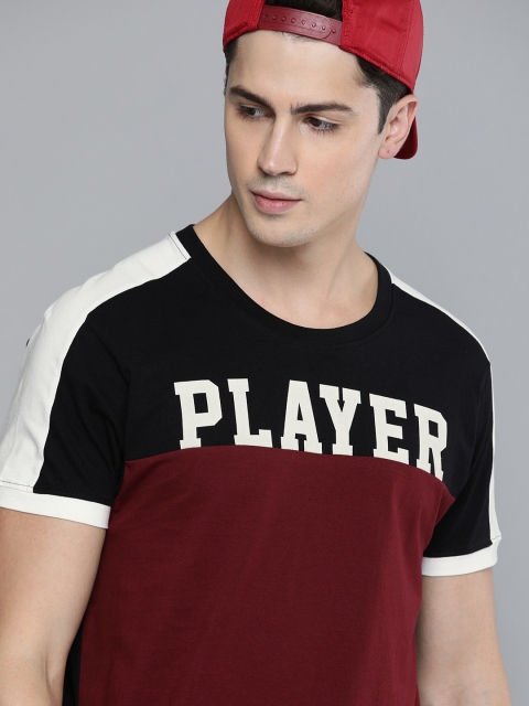 HERENOW Men Black Maroon Colourblocked Round Neck Pure Cotton T-shirt with Printed Detail
HERENOW Men Black Maroon Colourblocked Round Neck Pure Cotton T-shirt with Printed Detail