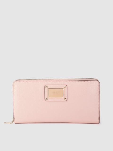 GUESS Women Pink Brand Logo Textured Zip Around Wallet