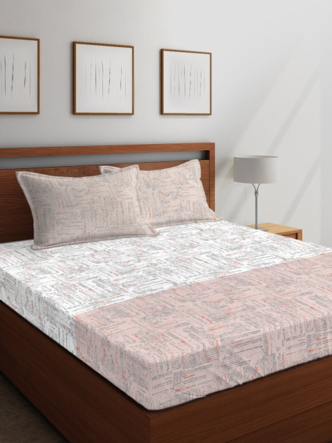 Boutique Living India White & Pink Abstract 300 TC Cotton 1 King Bedsheet with 2 Pillow Covers