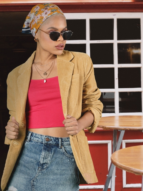 Levis Women Khaki Single Breasted Casual Corduroy Blazer