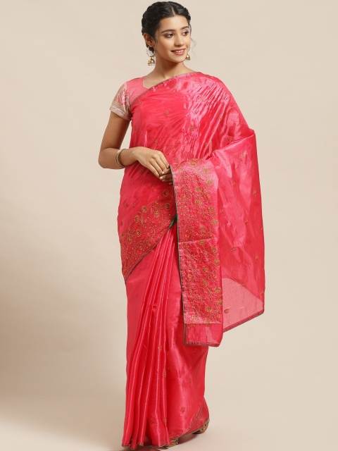 Chhabra 555 Magenta & Green Kutchi Embroidered Tussar Handloom Saree