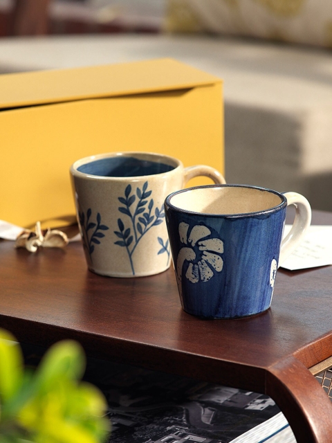 ellementry Set Of 2 White & Navy Blue Printed Ceramic Mugs