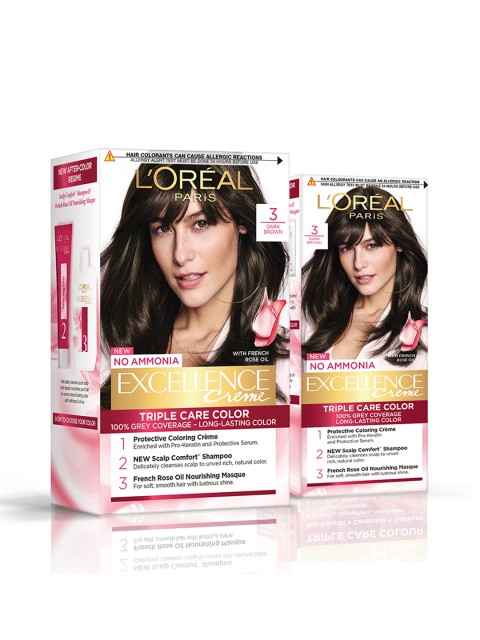 LOreal Paris Set Of 2 Excellence Creme Hair Color Combo - 3 Darkest Brown (125gm+97ml)
LOreal Paris Set Of 2 Excellence Creme Hair Color Combo - 3 Darkest Brown (125gm+97ml)