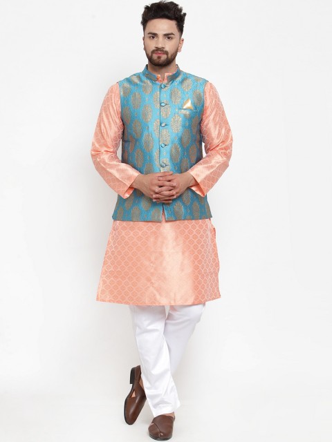 NEUDIS Men Peach-Coloured & White Woven Design Kurta with Pyjamas & Nehru Jacket