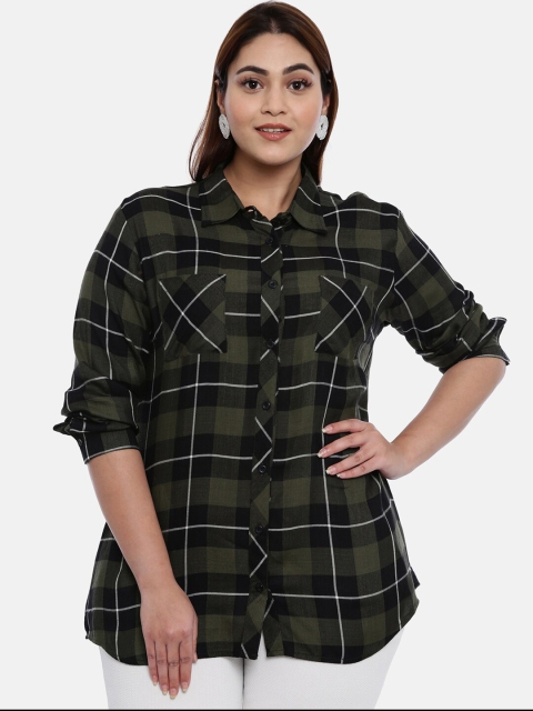 The Pink Moon Women Olive Green & Black Regular Fit Checked Casual Shirt
