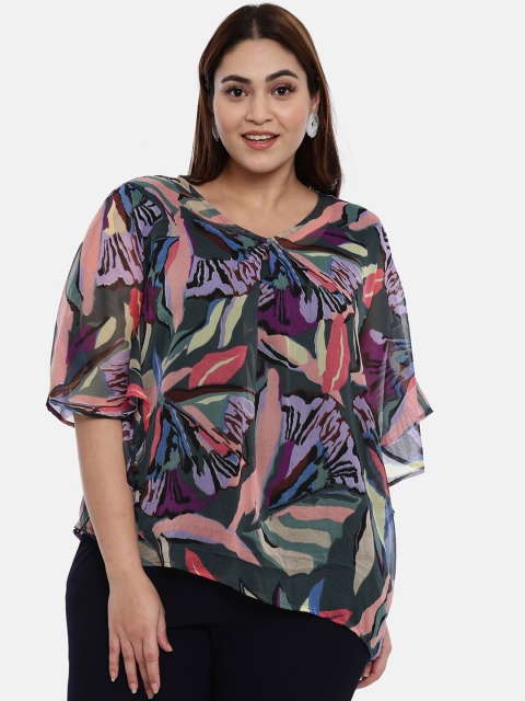 The Pink Moon Women Green & Pink Chiffon Printed Kaftan Top