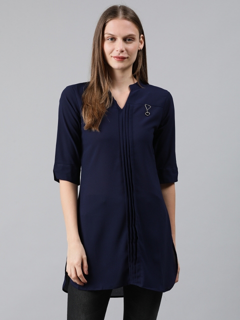 Mimosa Women Navy Blue Solid Straight Kurti with Front Tucks
