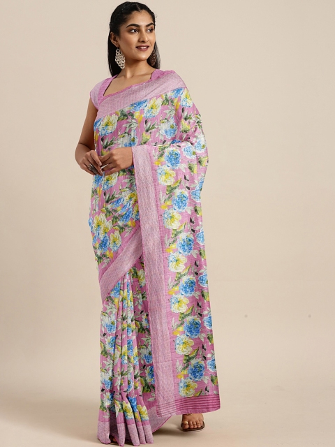 KALINI Pink & Blue Art Silk Printed Mysore Silk Saree