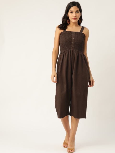 Rue Collection Women Brown Solid Smocked Culotte Jumpsuit