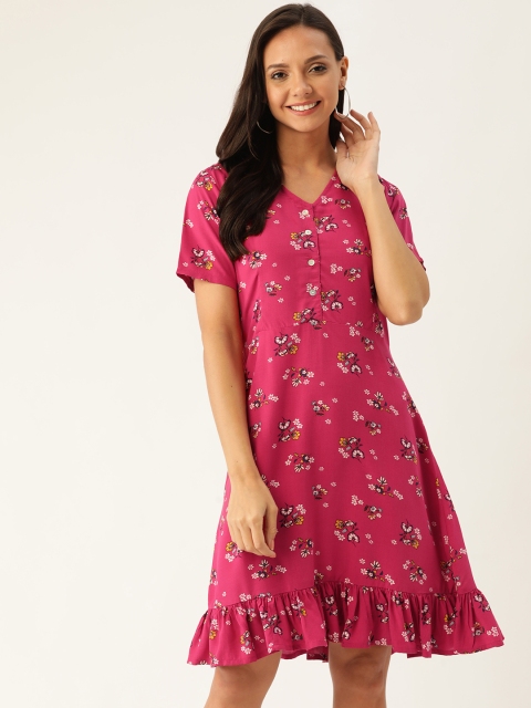 Rue Collection Women Pink & White Floral Printed A-Line Dress