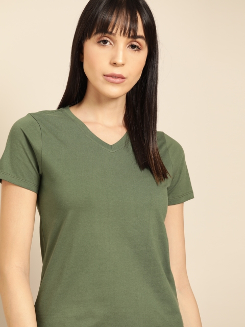 ether Women Olive Green Solid V-Neck T-shirt