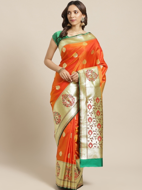 BANARASI SILK WORKS Orange & Golden Pure Silk Zari Ethnic Woven Design Banarasi Saree
BANARASI SILK WORKS Orange & Golden Pure Silk Zari Ethnic Woven Design Banarasi Saree
