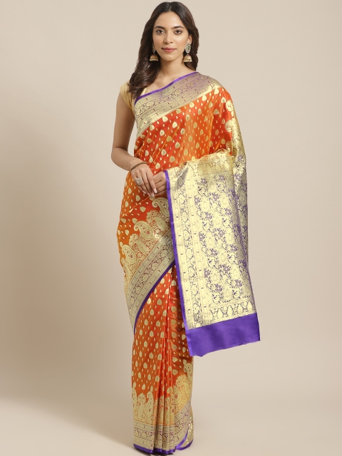 BANARASI SILK WORKS Orange & Golden Woven Design Banarasi Saree