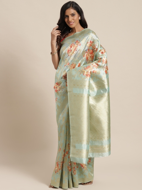 Mitera Sea Green & Coral Pink Zari Woven Design Saree