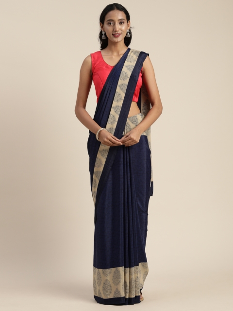 Satrani Navy Blue & Beige Pure Crepe Printed Saree