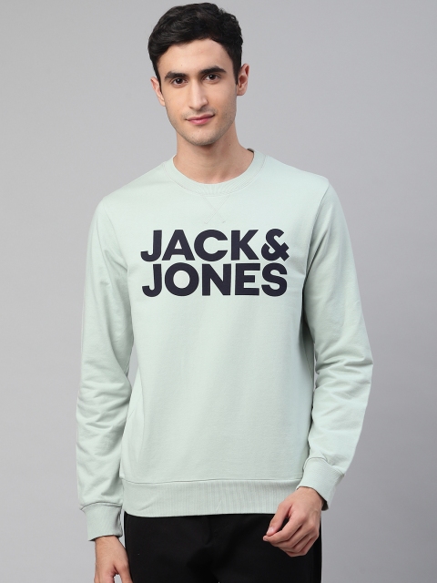 Jack & Jones Men Mint Green & Black Slim Fit Brand Logo Print Sweatshirt
