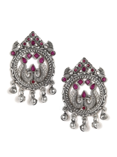 Rubans Silver & Magenta Pink Peacock Shaped Oxidised Drop Earrings