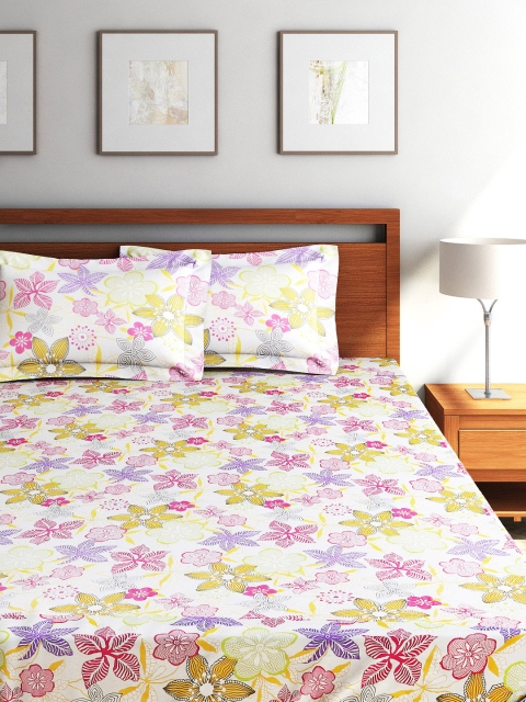 WELHOME Multicoloured 144 TC Cotton Double Bedsheet with 2 Pillow Covers, Multi