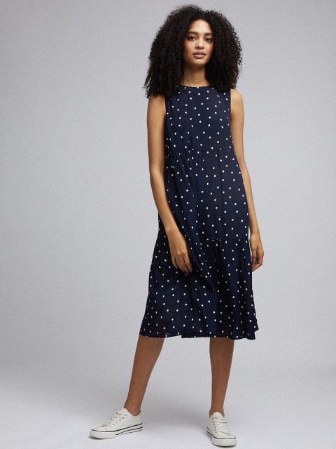 DOROTHY PERKINS Women Navy Blue & White Polka Dots Printed Tiered A-Line Dress
