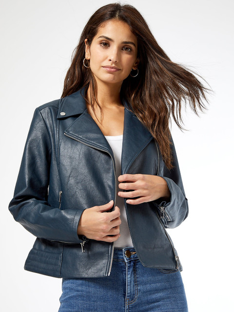 DOROTHY PERKINS Women Navy Blue Solid Biker Jacket 
DOROTHY PERKINS Women Navy Blue Solid Biker Jacket