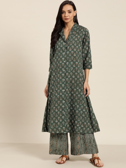 Sangria Women Green & Off-White Ethnic Motif Print Pure Cotton Kurta with Palazzos, Olive
Sangria Women Green & Off-White Ethnic Motif Print Pure Cotton Kurta with Palazzos, Olive
