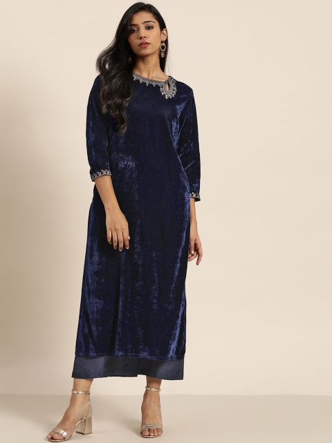 Sangria Women Navy Blue Solid Kurta & Trouser
