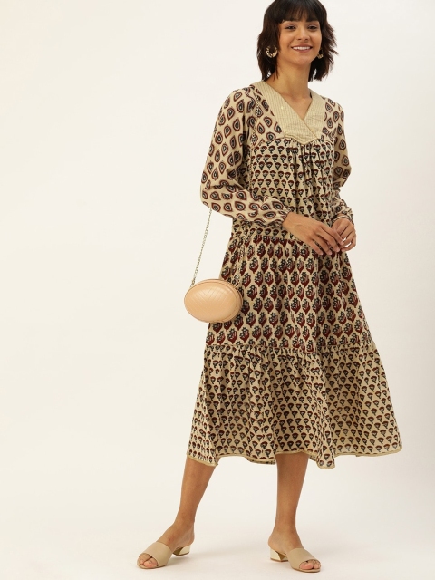 Taavi Women Beige & Maroon Bagru Hand Block Print A-Line Sustainable Dress with Puff Sleeves
Taavi Women Beige & Maroon Bagru Hand Block Print A-Line Sustainable Dress with Puff Sleeves