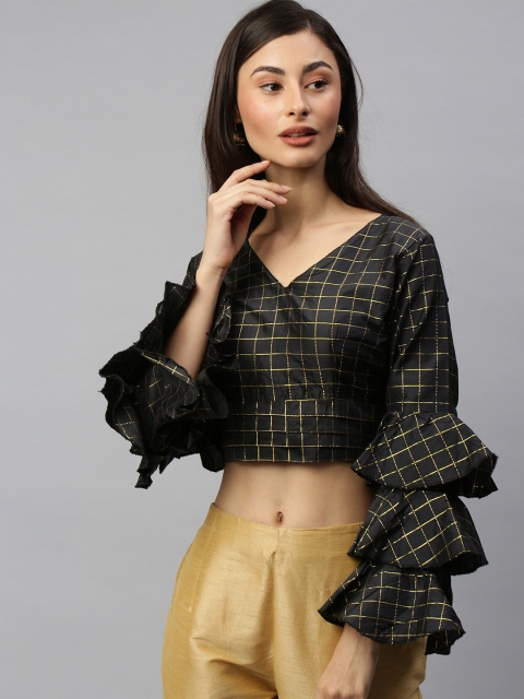 Amrutam Fab Women Black & Gold-Coloured Checked Saree Blouse with Layered Bell Sleeve
Amrutam Fab Women Black & Gold-Coloured Checked Saree Blouse with Layered Bell Sleeve