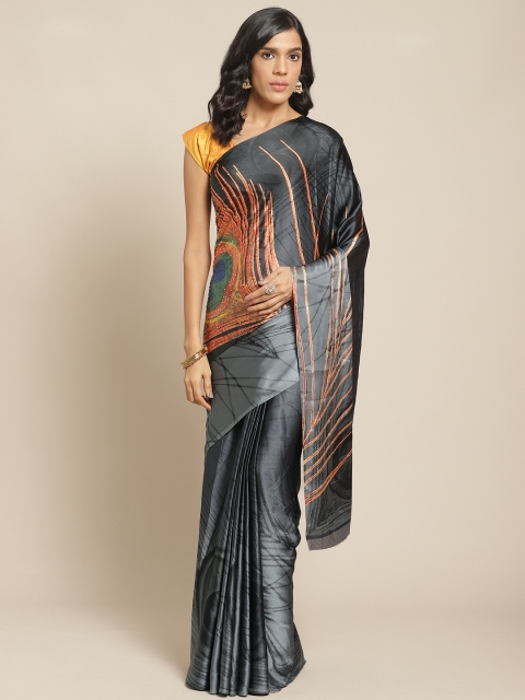 Pisara Charcoal Grey & Orange Satin Printed Saree