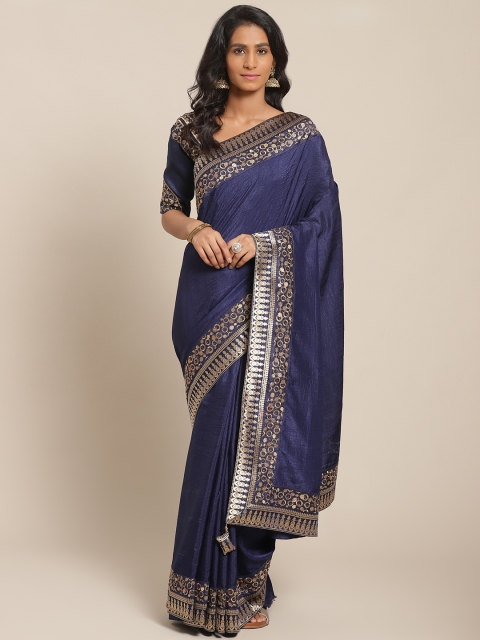 Shangrila Creation Navy Blue Solid Saree