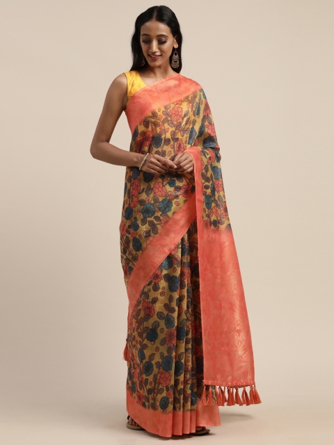 VASTRANAND Peach-Coloured & Teal Blue Cotton Blend Printed Banarasi Saree