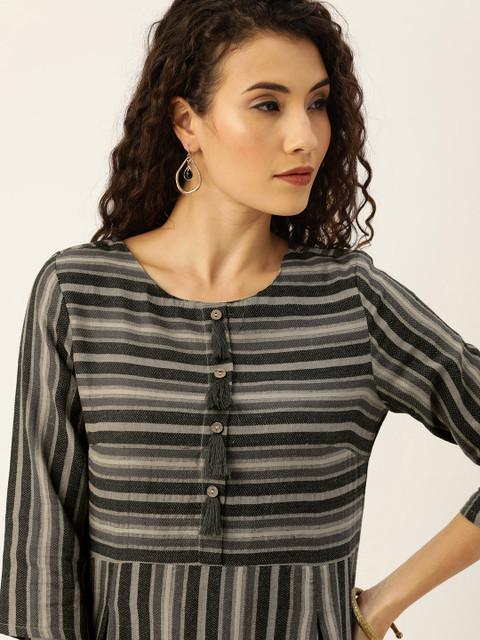 Taavi Women Black & Grey Striped Woven Legacy A-Line Sustainable Dress with Pockets & Tassels 
Taavi Women Black & Grey Striped Woven Legacy A-Line Sustainable Dress with Pockets & Tassels