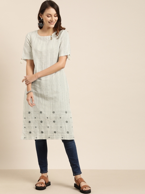 Taavi Women Off-White & Black Striped Woven Legacy Straight Kurta With Tassel Detailing
Taavi Women Off-White & Black Striped Woven Legacy Straight Kurta With Tassel Detailing