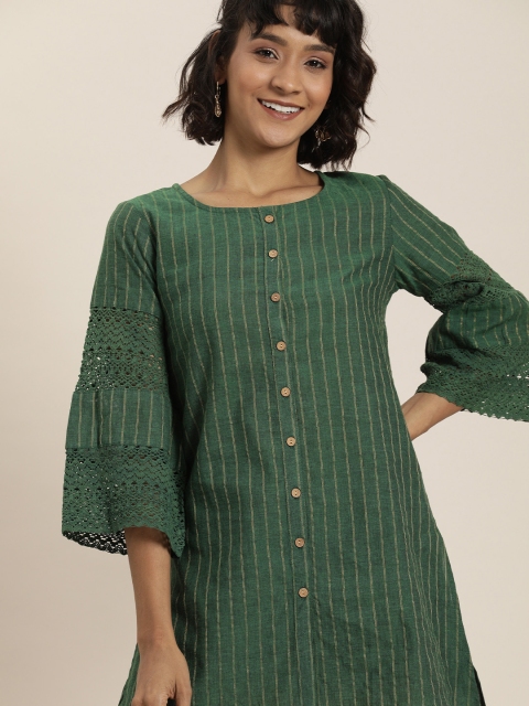 Taavi Women Hreen & Yellow Woven Legacy Striped Pure Cotton Straight Kurti with Lace & Button Placket, Green
Taavi Women Hreen & Yellow Woven Legacy Striped Pure Cotton Straight Kurti with Lace & Button Placket, Green