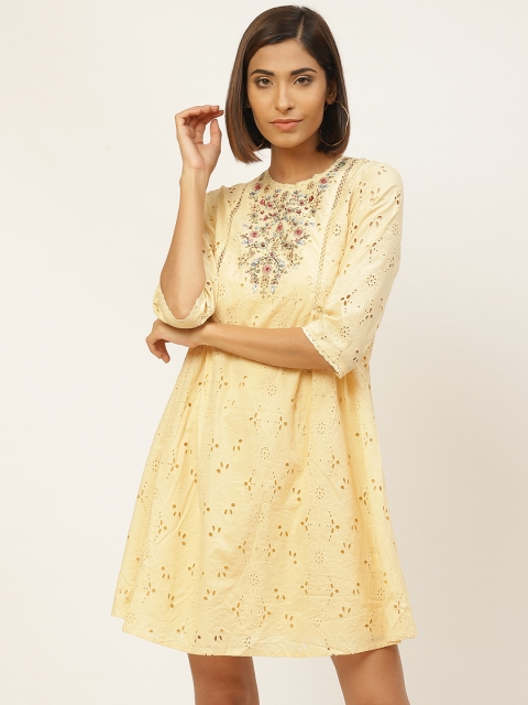 Label Ritu Kumar Women Yellow Schiffli Embroidered A-Line Dress